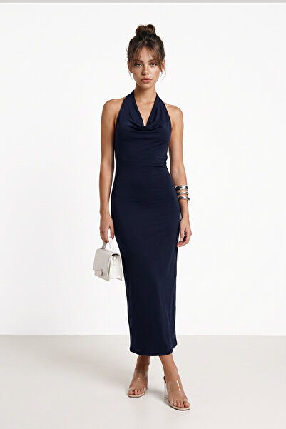 Lovelyİstanbul Degaje Yaka Summer Polyamide Dress Lub0340 Dark Blue