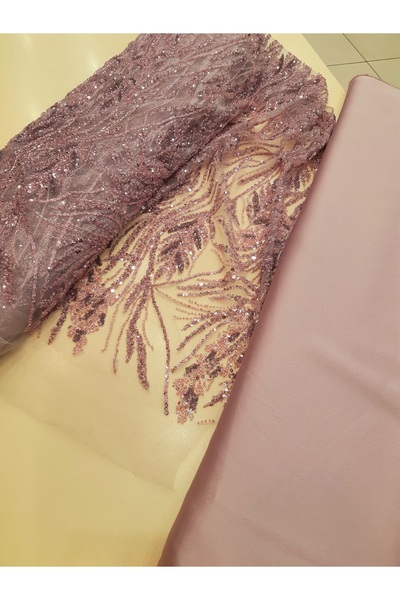 Safir Kumaş Abiyelik Gül Kurusu Pembe Tonlarında Taş İşlemeli Dantel 2.5 Metr...