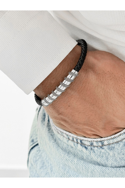FERRO Silver and Black Leather Steel Men's Bracelet Frj10226B-J 2 Year Warran...