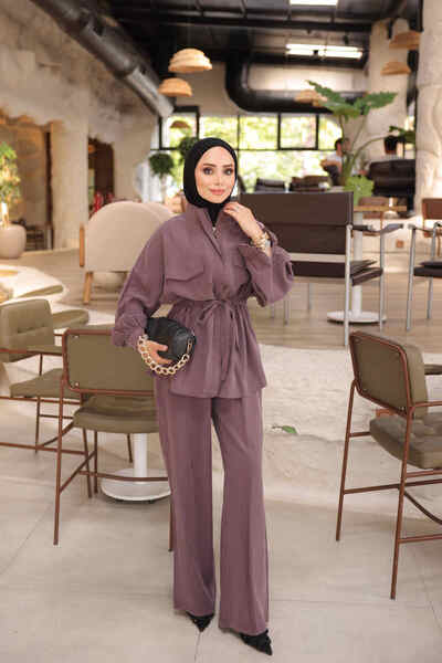 İmajButik Dusty Rose Waist-Tie Jacket and Trousers Set