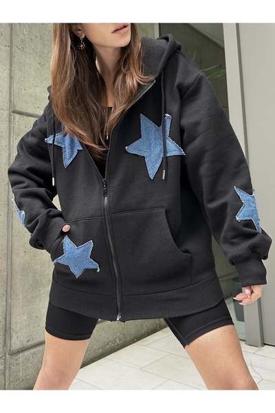 harmony factory Kadın Oversize Yıldız Yamalı Kapüşonlu Fermuarlı Sweatshirt