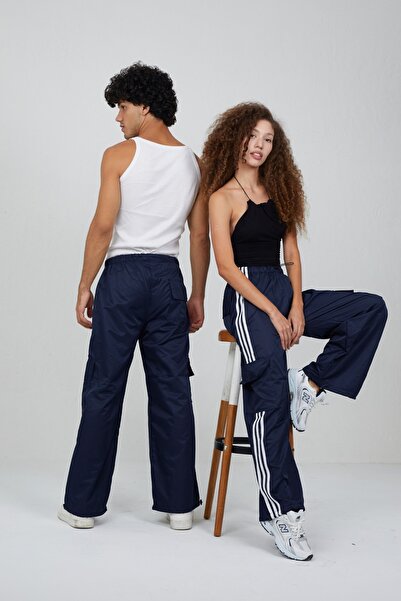 harmony factory Unisex Navy Blue Wide Leg Cargo Pants with Elastic Waist and ...