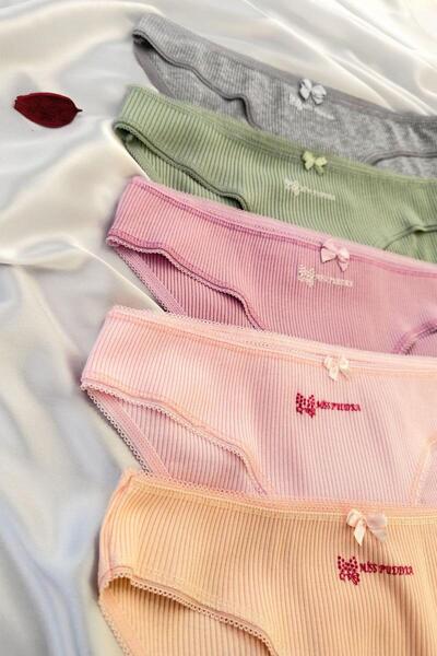ANDİORA 5-Piece Printed Women's Ribbed Slip Panties Set