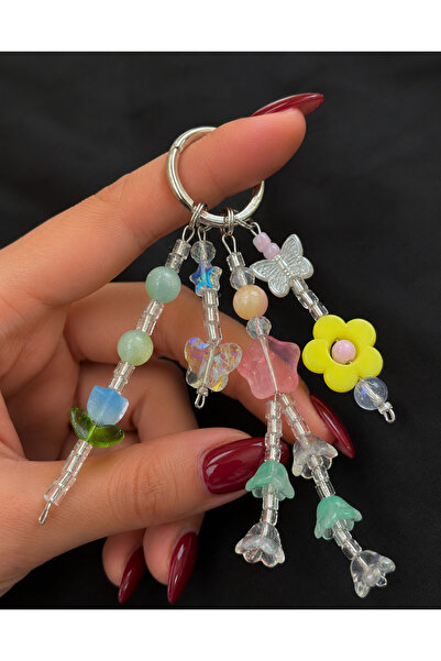 Viranes Bag Ornament with Tulips, Butterflies, Beads and Flower Figures, Keyc...