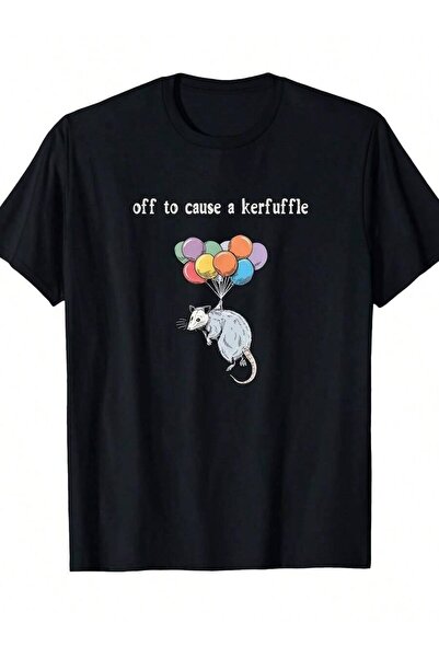 9TAY تي شيرت بطباعة "Opossum "Off To Cause A Kerfuffle" - تي شيرت أسود برقبة ...