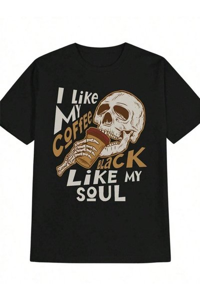 4CR تي شيرت رجالي كاجوال برقبة دائرية مع طباعة جمجمة بعبارة "I Coffee Like My Soul" - أسود، بأكمام قصيرة، خفيف الوزن، هدية صيفية أنيقة للرجال