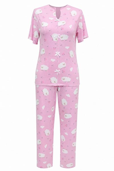 Modamorfo Mixed Figure Patterned V-Neck Short Sleeve Combed Cotton Pajama Set...