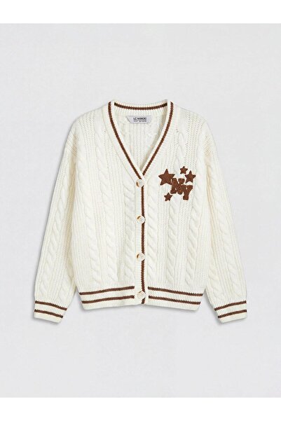 LC Waikiki V-Neck Embroidered Girls' Knitwear Cardigan (W6)