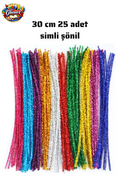Glanart 25 adet 30 cm simli şönil, tüylü tel el işi okul projeleri için
