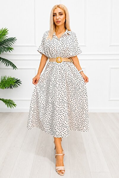 FashionForYou Rochie midi casual EVELISSE, cu guler tip cămașă și curea textu...