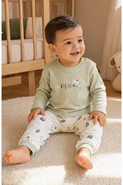 Ayıcık Baskılı Unısex Bebek Pijama Takımı Yeşil %100 Pamuk Organic