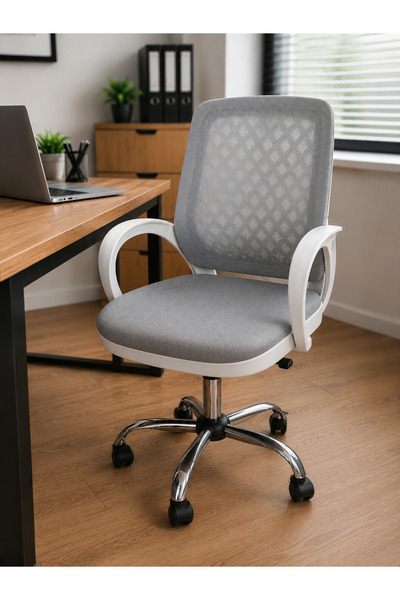 VİZYON SEPET Ergonomik GRİ Fileli Ofis Koltuğu – Beyaz Gövde, Krom Ayaklı, Yü...