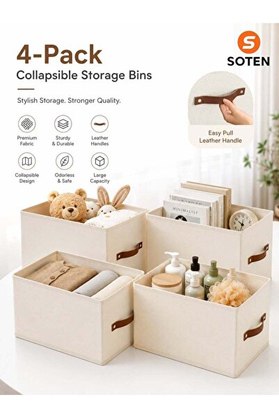 SOFTEN SOTEN 4-Pack Collapsible Storage Bins with Leather Handles, Foldable F...