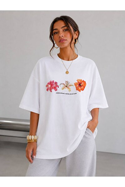 khufu White Oversize Fit Cotton Summer Times Printed Relaxed Cut Unisex T-Shirt