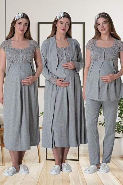Mecit Pijama Mecit 6066 Gray Dressing Gown Nightgown Pajamas Maternity Set