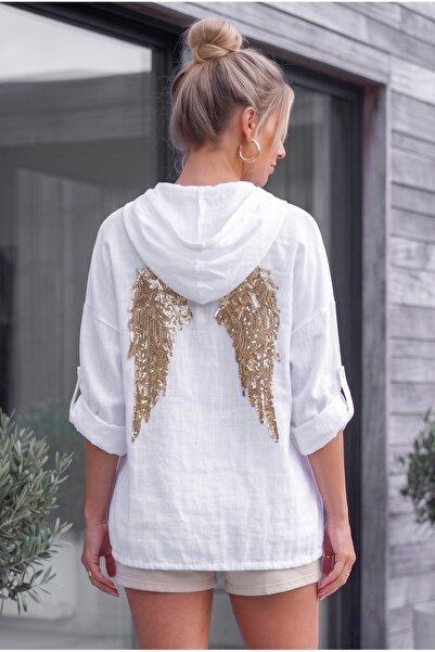 Chiccy Italian White Hooded Long Sleeve Zippered Back Wing Sequined 100% Line...