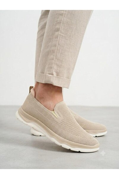 Lütfi Men's Laceless Beige Knitwear Sneaker Orthopedic Sole Walking Shoes