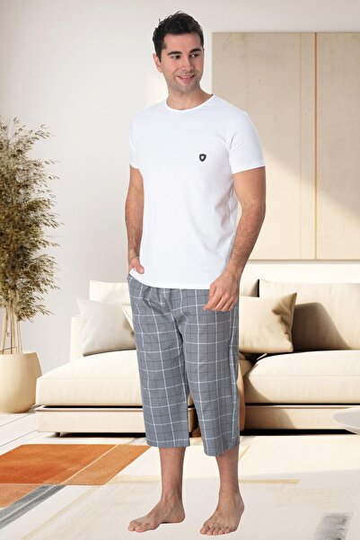 Mecit Pijama Mecit 2913 طقم بيجامة كابري رجالي منقوش باللون الرمادي مقاس كبير