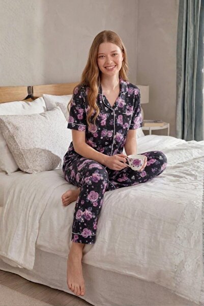 Mecit Pijama Mecit 6353 Navy Blue Floral Patterned Buttoned Women's Pajama Set