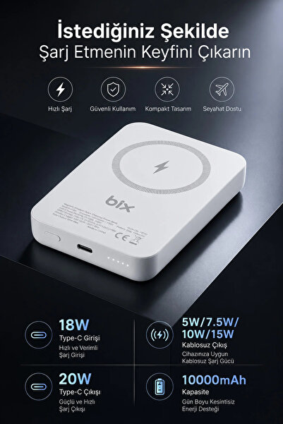 EXENAR iPhone ile Uyumlu Magsafe Powerbank Kablosuz 15W Hızlı Şarj 20W USB-C Hızlı Şarj Qi