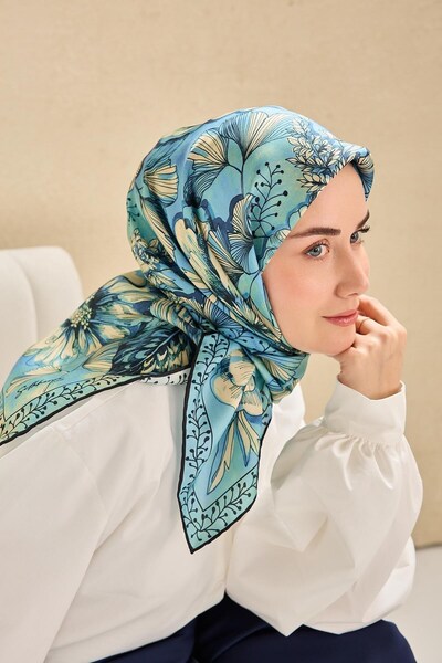 Silk Home Twill Silk Scarf Large Floral Blue 90X90