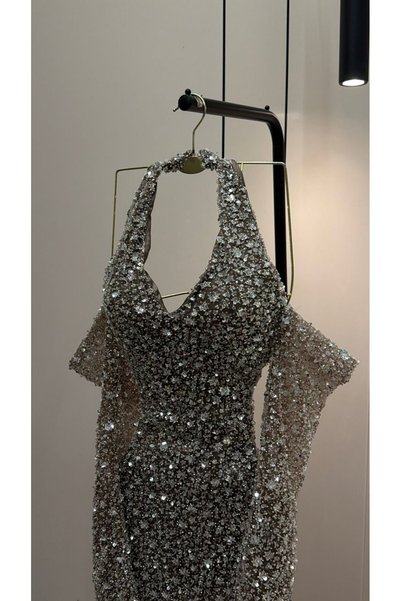NUHAIRa Sequin Embroidered Tulle Evening Dress