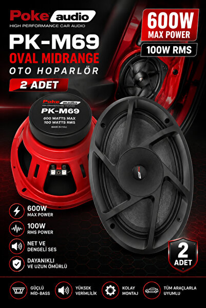 poke audio Oval 6x9 Çifti 600 Watt 100 Rms Kapaklı Oto Midrange Hoparlör 2 Ad...