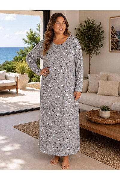 İpek Women's Long Sleeve Floral Pattern Plus Size 100% Cotton Ankle Length Ni...