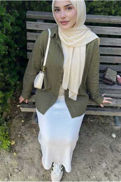 blackbonds Khaki Oversize Cotton Linen Shirt with Pockets Trendy Loose Drop S...