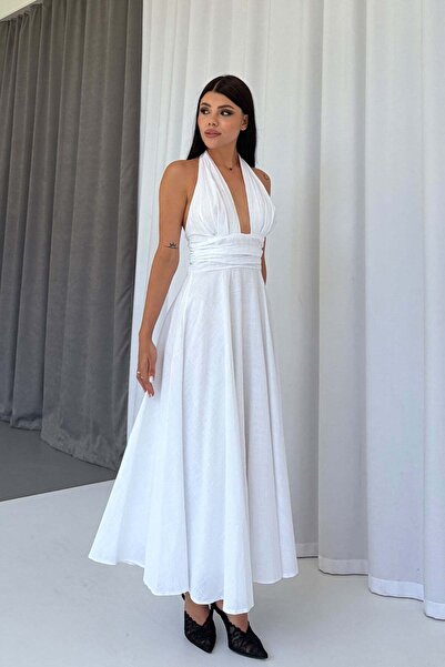 Mine Tan Butik Λινό φόρεμα με δέσιμο στο λαιμό και ντραπέ - Λευκό