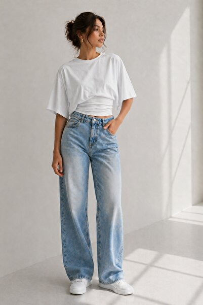 vuvutasarım White Cotton Fabric Bat Sleeve and Waist Design Crop T-Shirt 88001