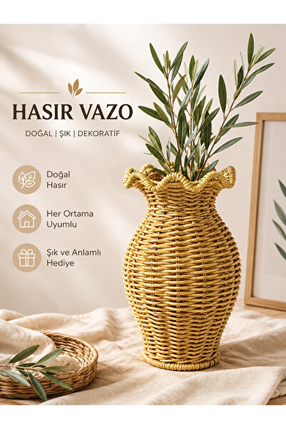 SELÇUK Lüks Hasır Dekoratif Vazo – Bohem Ev Dekorasyonu