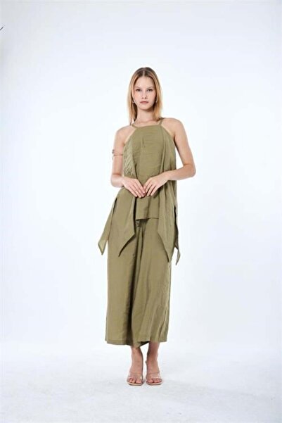 Dipmoda Women's Green Thin Strap Asymmetrical Cut Blouse and Trousers Two-Pie...