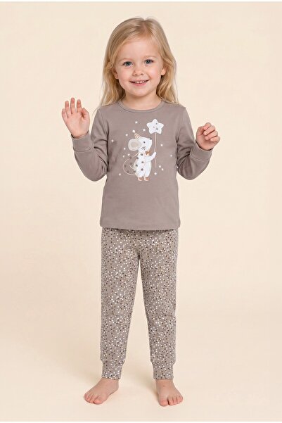 BAYKAR Girl's Cotton Crew Neck Mouse Printed Long Sleeve Pajama Set 9265 Brown