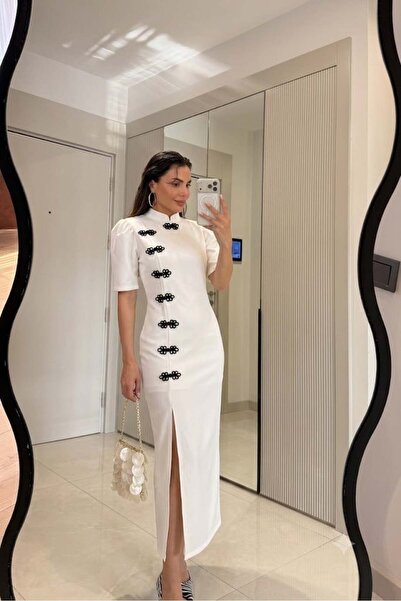 Gizem Ecemiş Osvaldo Beyaz Çin İlikli Balon Kol Elbise