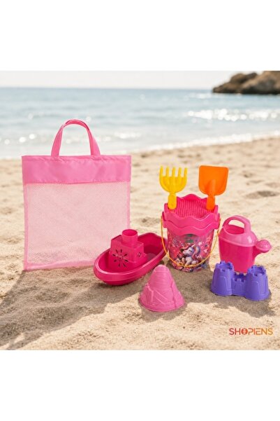 SHOPIENS Set de jucării de plajă, geantă din plasă roz, cu găleată unicorn, 6...