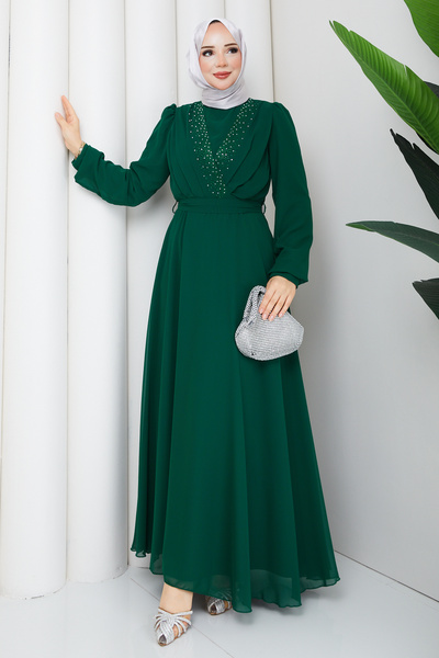 Pamuk Butik Kadın Taş Detaylı Kuşaklı Tesettür Şifon Abiye Elbise