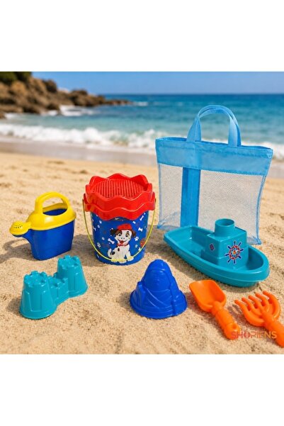 SHOPIENS Set de plajă Blue Dog cu găleată și plasă de transport, 6 accesorii ...