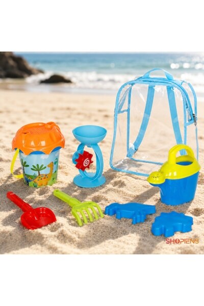 SHOPIENS Set rucsac de plajă transparent cu dinozauri, cu găleată albastră, s...