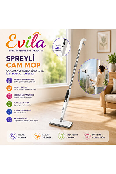 Evila Spreyli Cam & Yüzey Temizleme Mopu Pratik ve Ergonomik Sap