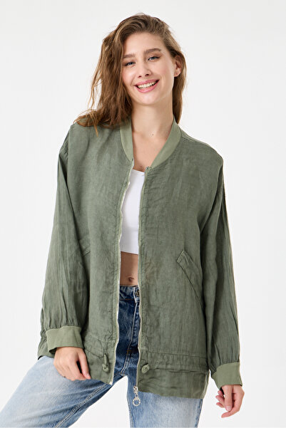 della moor Khaki Italian 100% Linen Low Sleeve Zippered Oversize Linen Jacket...