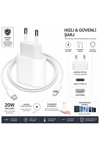 TİVENS 20W USB-C PD Hızlı Şarj Adaptörü + Lightning Şarj Kablosu iPhone Uyuml...