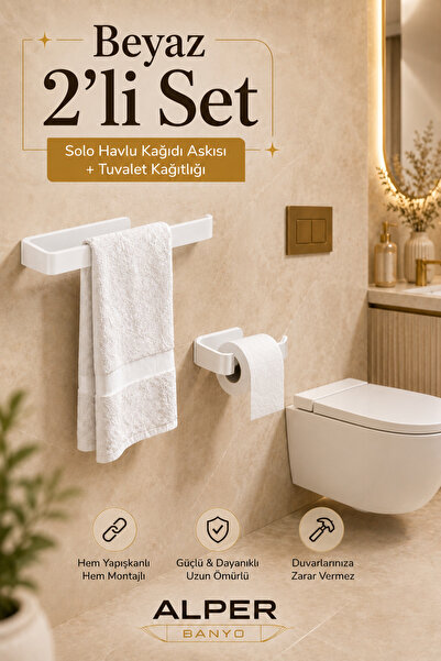 Alper Banyo Beyaz Lamalı 2'li Banyo Seti, Lamalı Solo Havlu Kağıdı Askısı, La...