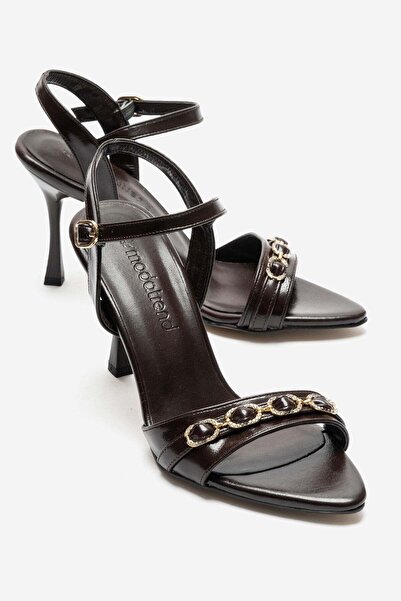 CCWAY AYAKKABI Women's Stoned Single-Heeled Sandals Brown Crinkled