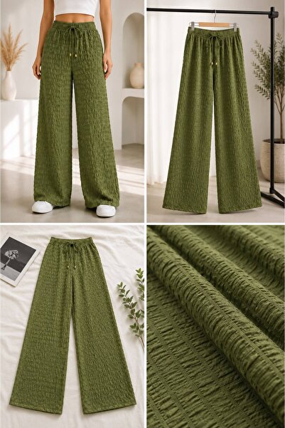 BoraVelli Embossed Textured Wide-Leg Women's Trousers with Elastic Waist