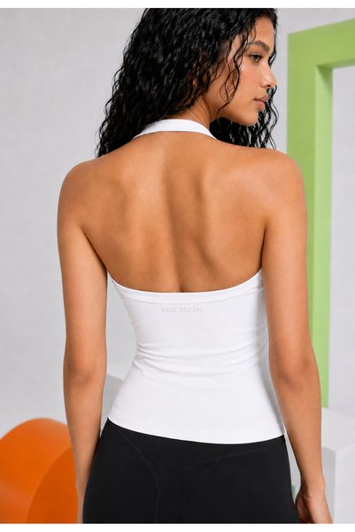 REAL DREAM Women's Halter Neck Sports Bustier Top – Stretchy Fitness, Yoga, and Casual Athlete Top