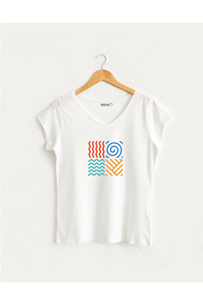 Kidilia Four Elements Graphic Patterned V-Neck Women's Design Tshirt