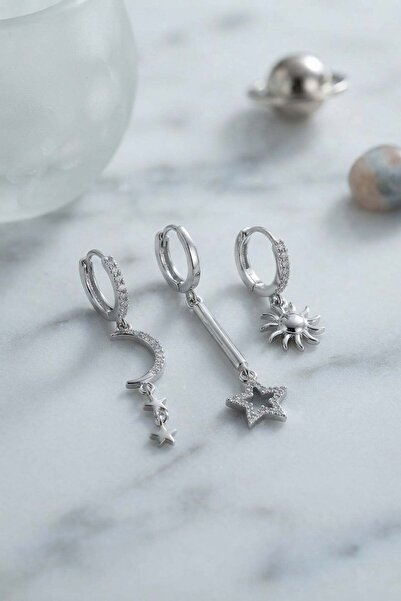 Inure Jewelry Set of 3 Moon, Star and Sun Model Silver Color Women's Earrings