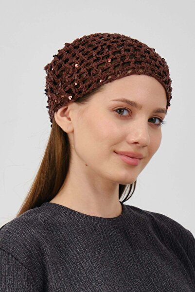C&City Sequin Detailed Triangular Tie-Up Summer Knitted Beanie Y8250 Brown