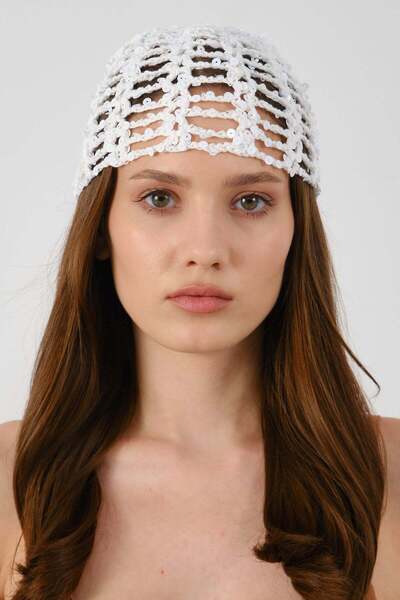C&City Sequin Detailed Summer Knitted Beanie Y8248 White